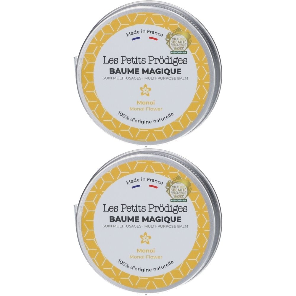 Deux boîtes rondes en métal. Inscription: Les Petits Prödiges, Baume Magique, Monoi. Avec label d'origine française.