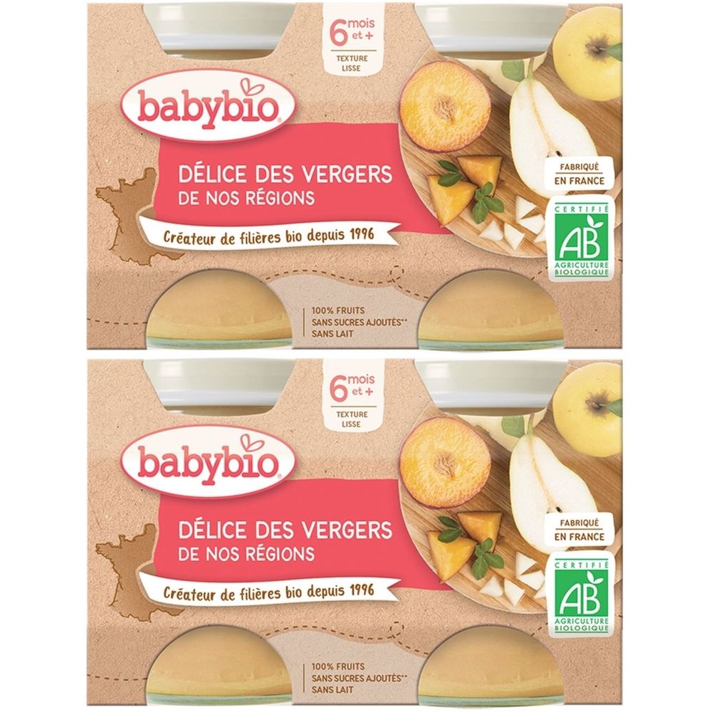 Deux emballages Babybio. Inscription: DÉLICE DES VERGERS DE NOS RÉGIONS. Certification bio. 6 mois et plus. Sans sucres ajoutés, sans lait.