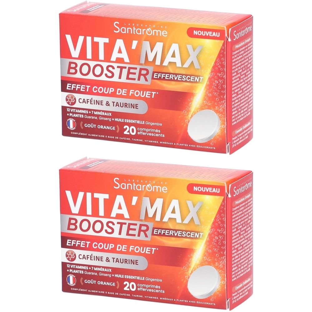Deux boîtes de Santarome Vita'max Booster. Inscription: Effervescent, Caféine & Taurine, 20 comprimés effervescents, goût orange.