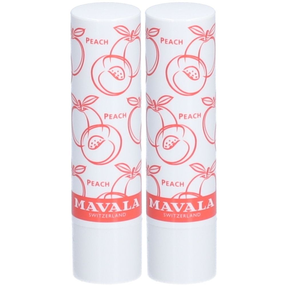 Zwei Lippenpflegestifte mit weißer Hülle und Pfirsich-Dekor. Aufschrift: MAVALA SWITZERLAND.