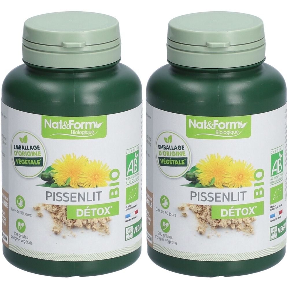 Deux flacons verts avec étiquettes. Inscription : Pissenlit Détox, Nat&Form. Certification bio. Image d'une fleur jaune.
