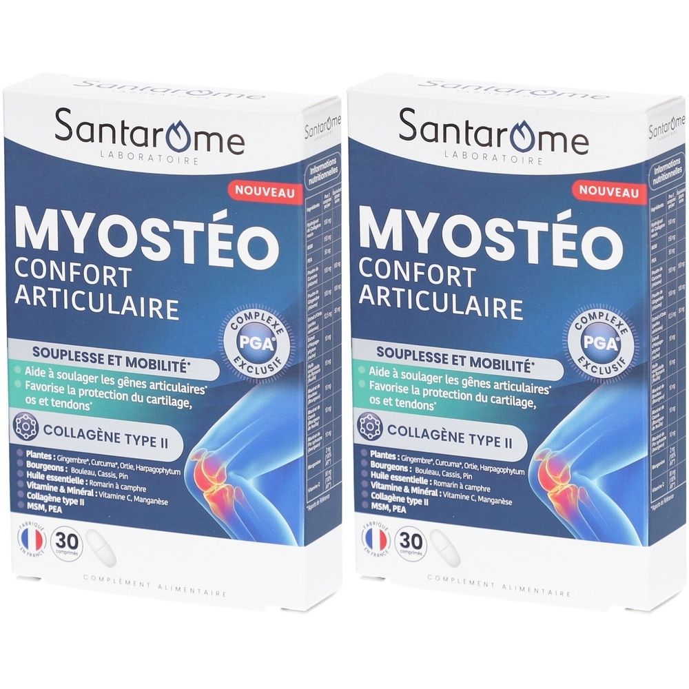 Zwei Schachteln Santarome Myostéo. Aufschrift: MYOSTÉO, Confort Articulaire. Enthält 30 Kapseln. Mit Collagen Typ II. PGA Exclusif.