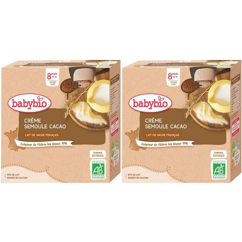 Zwei Kartons Babybio Crème Semoule Cacao. Aufdrucke: 8 mois+, AB-Siegel, Crème Semoule Cacao, Lait de vache français.