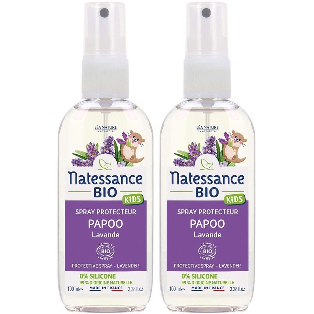 Deux flacons spray. Étiquettes : Natessance BIO KIDS Spray Protecteur Papoo Lavande. Certification bio.