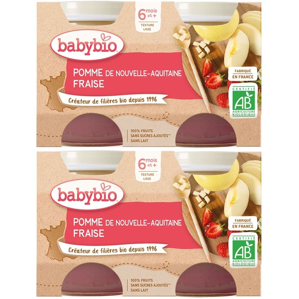 Emballage Babybio. Inscription: POMME DE NOUVELLE-AQUITAINE FRAISE. Certification bio. Dès 6 mois.