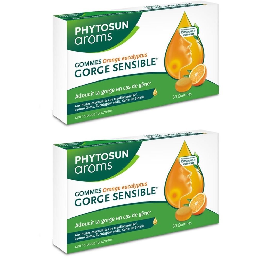 Deux boîtes de gommes pour la gorge. Inscription : PHYTOSUN arôms, Gommes Gorge Sensible, Orange Eucalyptus. 30 gommes.