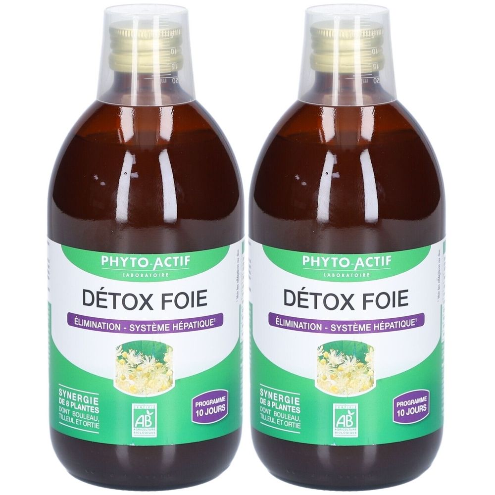 Deux flacons de liquide brun. Étiquettes vertes et blanches avec texte et logo. Inscription "PHYTO-ACTIF Détox Foie".