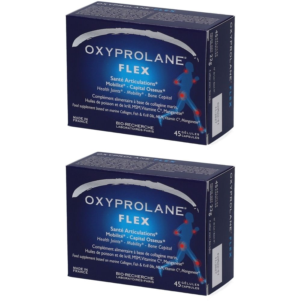 Deux boîtes Oxyprolane Flex. Emballage bleu avec texte blanc. Contient 45 gélules. Texte: Santé Articulations, Mobilité, Capital Osseux.
