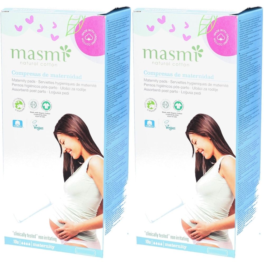 Zwei Packungen Masmi-Maternity-Pads. Aufdruck: Masmi, natürliche Baumwolle, Kompressen für die Mutterschaft. Abbildung einer schwangeren Frau.