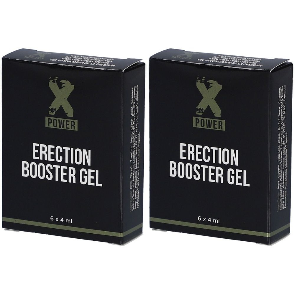 Zwei schwarze Kartons mit weißer Schrift. Aufschrift: ERECTION BOOSTER GEL, 6 x 4 ml. Logo: X POWER.