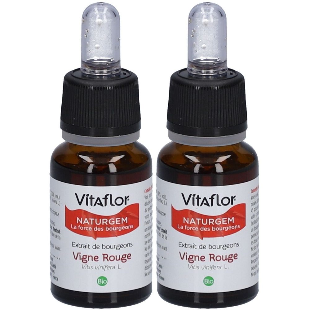 Deux flacons de liquide brun avec pipettes. Étiquettes : Vitaflor, NaturGem, Vigne Rouge et Bio.