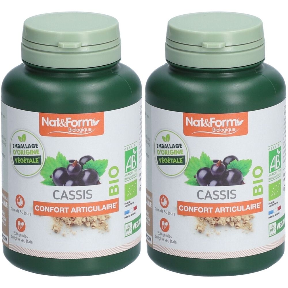 Zwei grüne Flaschen mit Deckel. Auf den Etiketten steht "Nat&Form", "Cassis" und "Confort Articulaire". Bio-Zertifizierung.