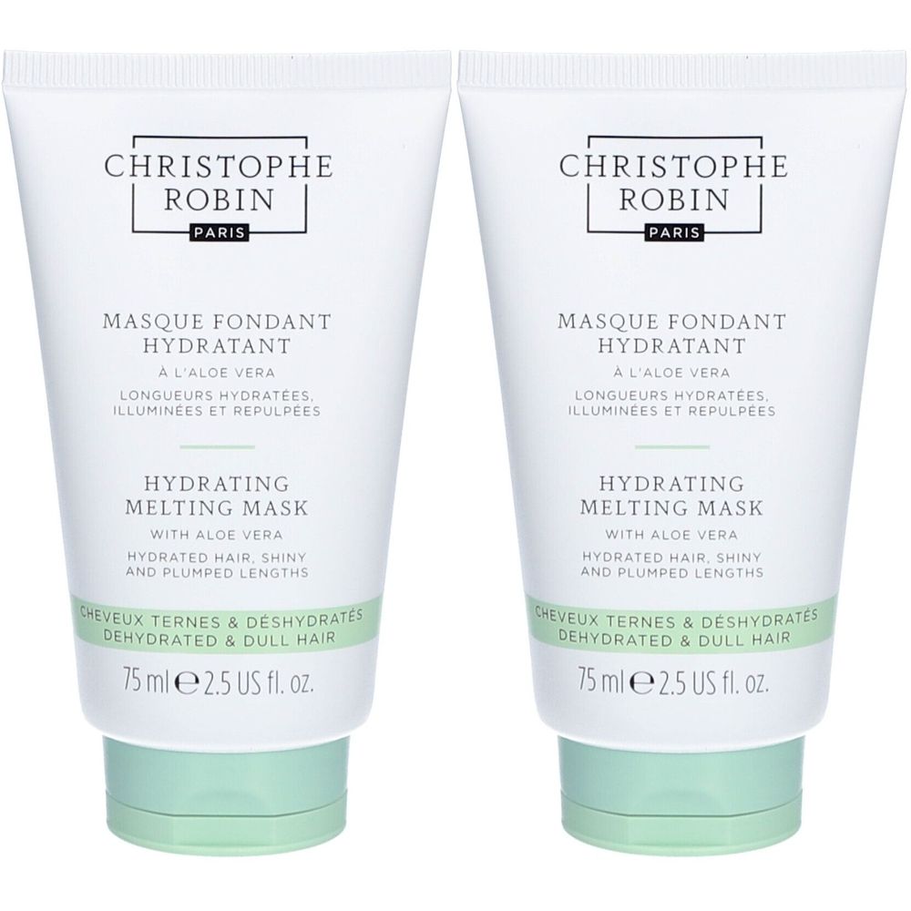 Zwei Tuben CHRISTOPHE ROBIN Masque Fondant Hydratant. Weiße Tuben mit grünen Akzenten und Text. Enthält Aloe Vera.