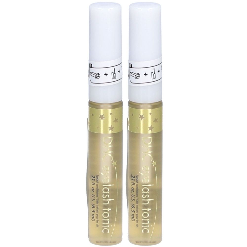 Zwei Flaschen DHC Eyelash Tonic. Goldfarbene Flaschen mit weißem Deckel. Aufschrift: Eyelash Tonic, 21 fl oz. US (6.5 ml).