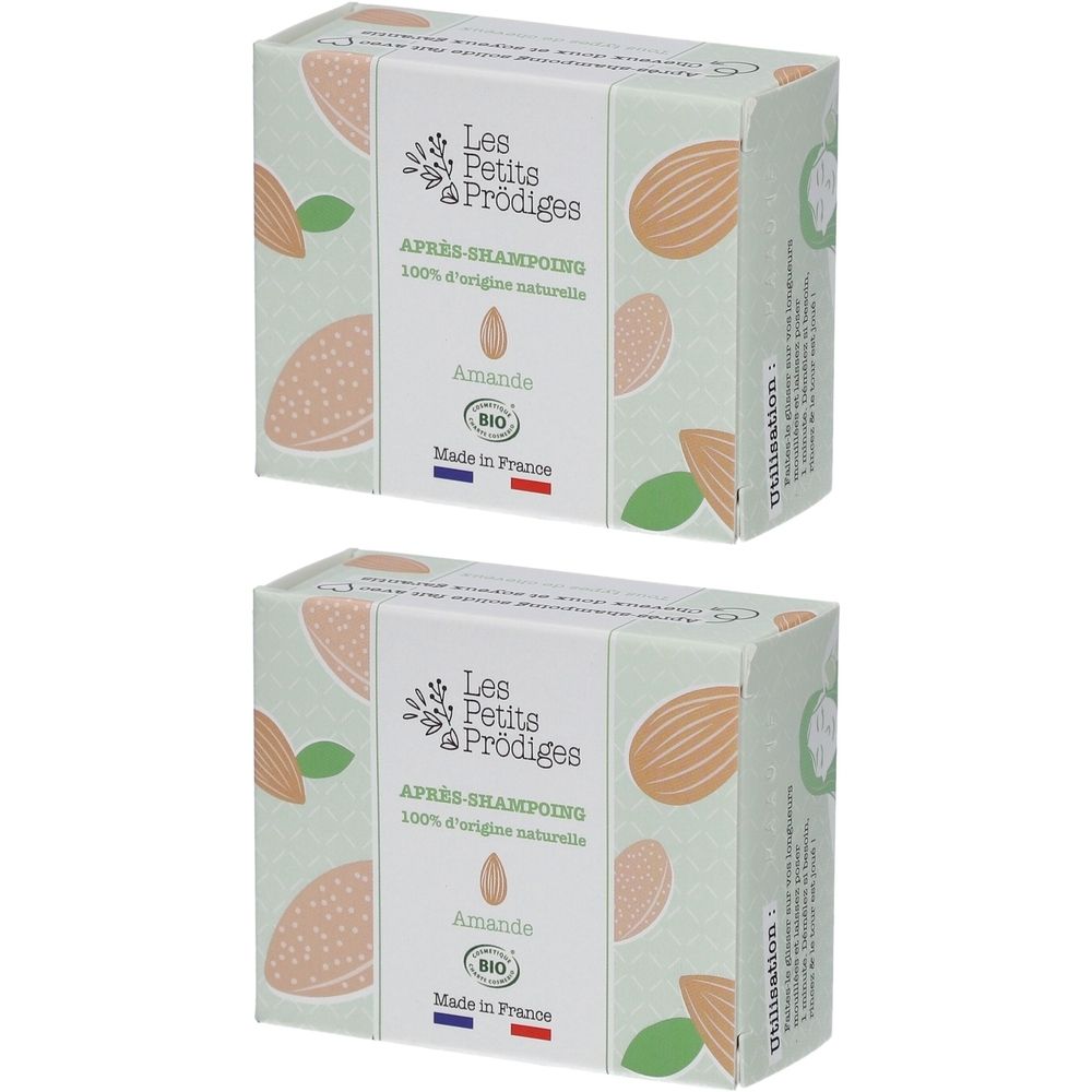 Deux boîtes rectangulaires. Inscription: Les Petits Prodiges, Après-Shampoing, Amande, Bio. Drapeau français. Motif d'amandes.