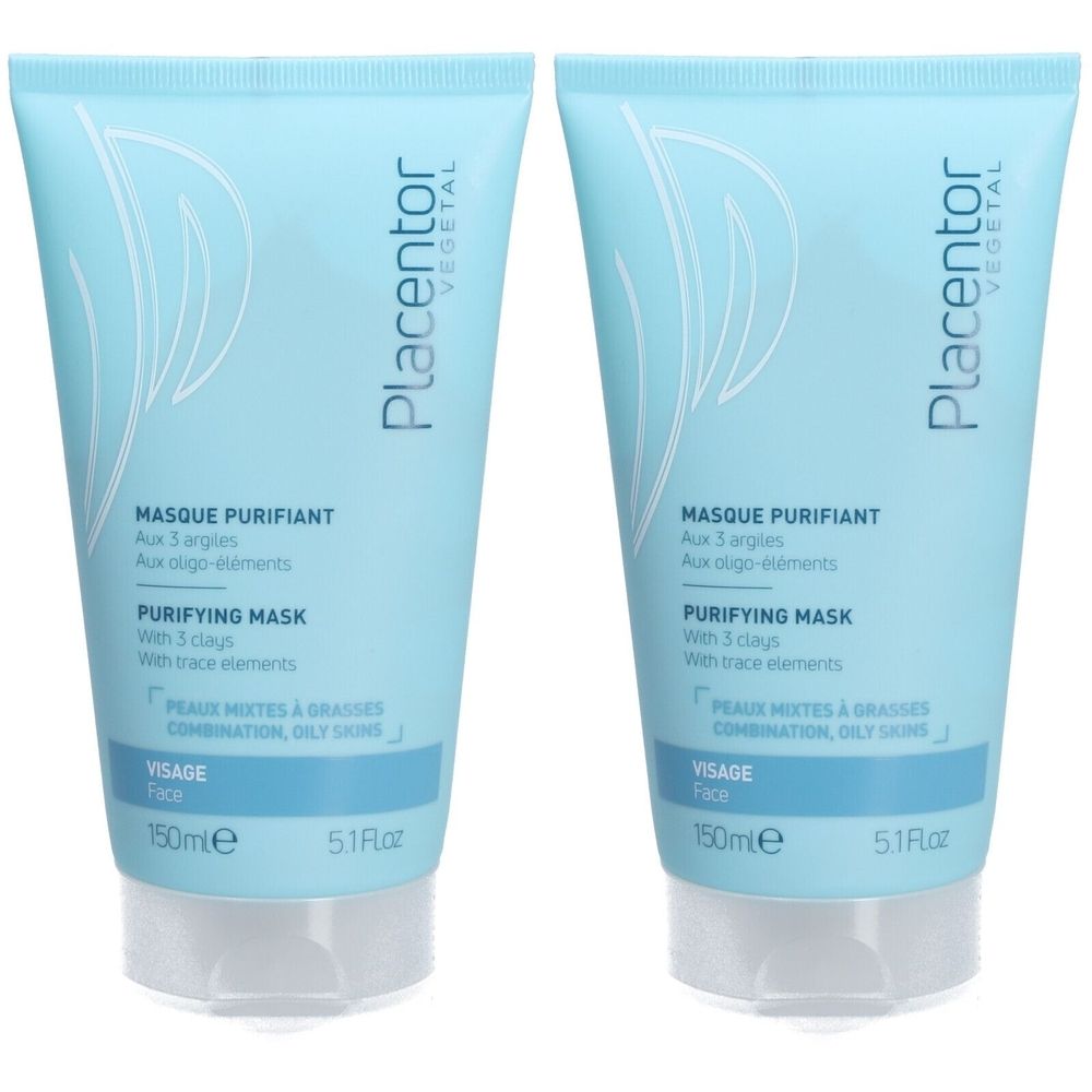 Deux tubes de masque facial. Emballage bleu clair avec nom et détails du produit. Texte: MASQUE PURIFIANT, PURIFYING MASK, VISAGE.