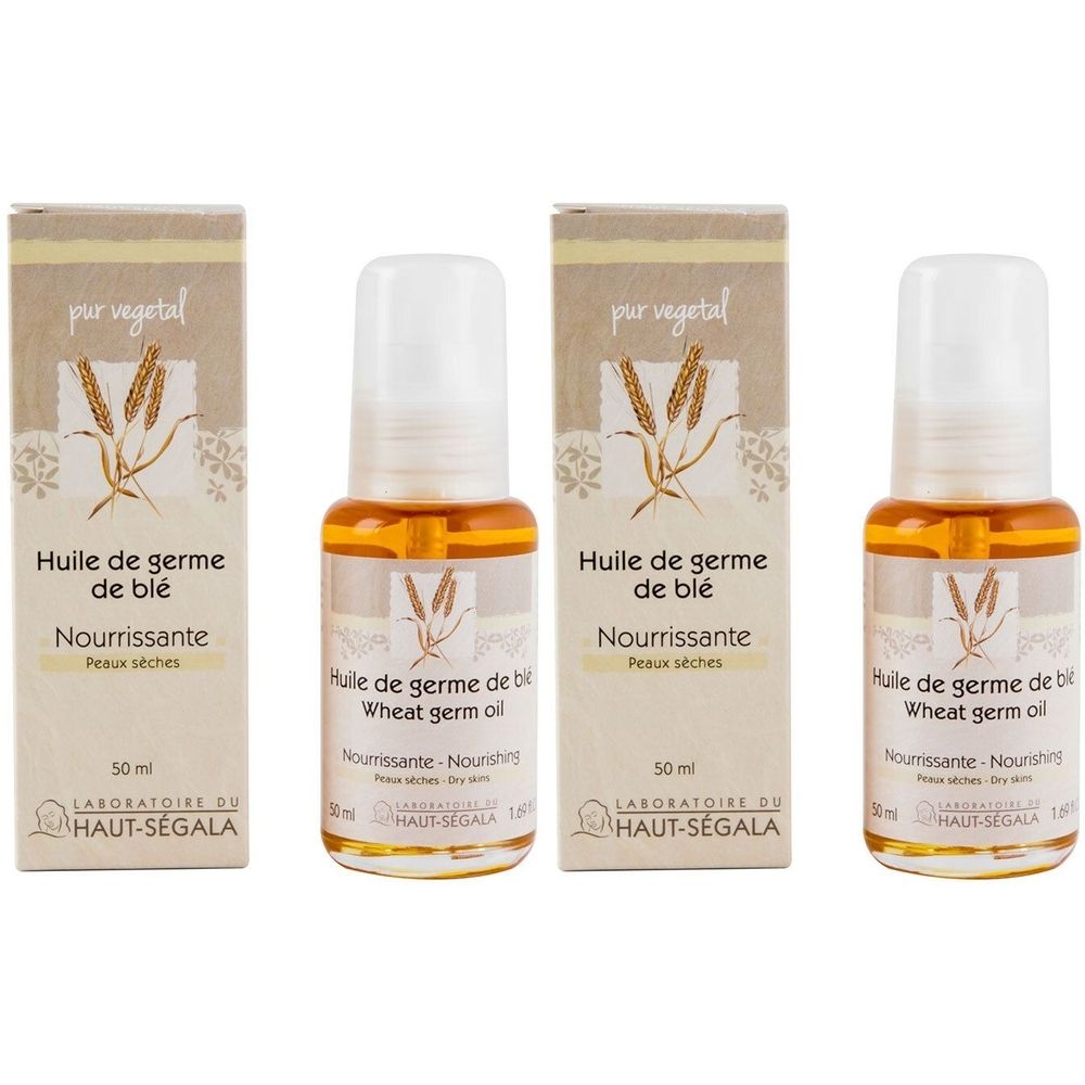 Trois flacons avec applicateur roll-on et emballage carton. Inscription : Huile de germe de blé, Nourrissante, Laboratoire du Haut-Ségala.