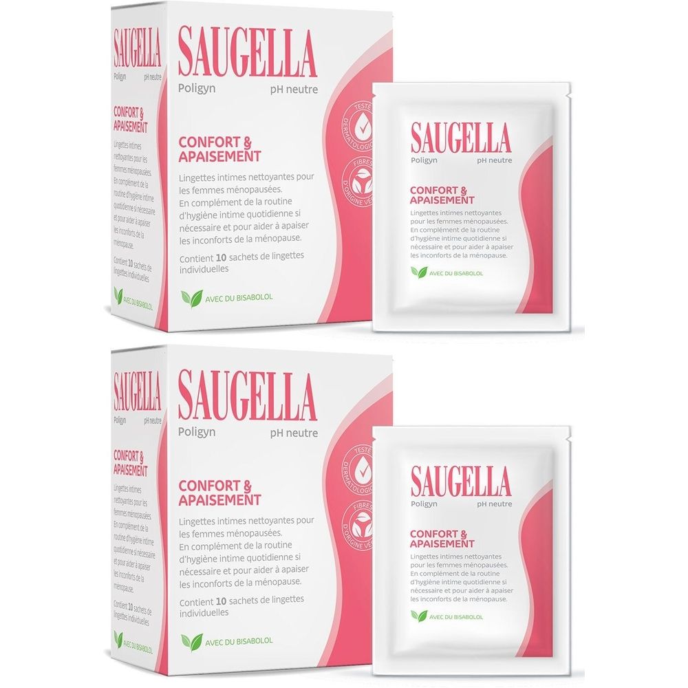 Deux boîtes et deux sachets individuels. Inscription: SAUGELLA, Poligyn, pH neutre, Confort & Apaisement. Sachet avec élément rose.