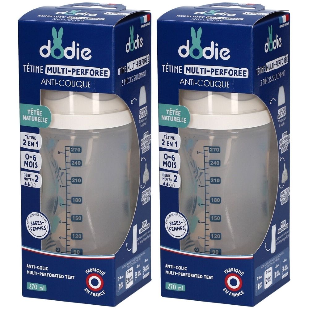 Zwei Babyflaschen mit Verpackung. Blaue Verpackung mit Produktnamen und Logo. Flaschen mit Messskala und Sauger.