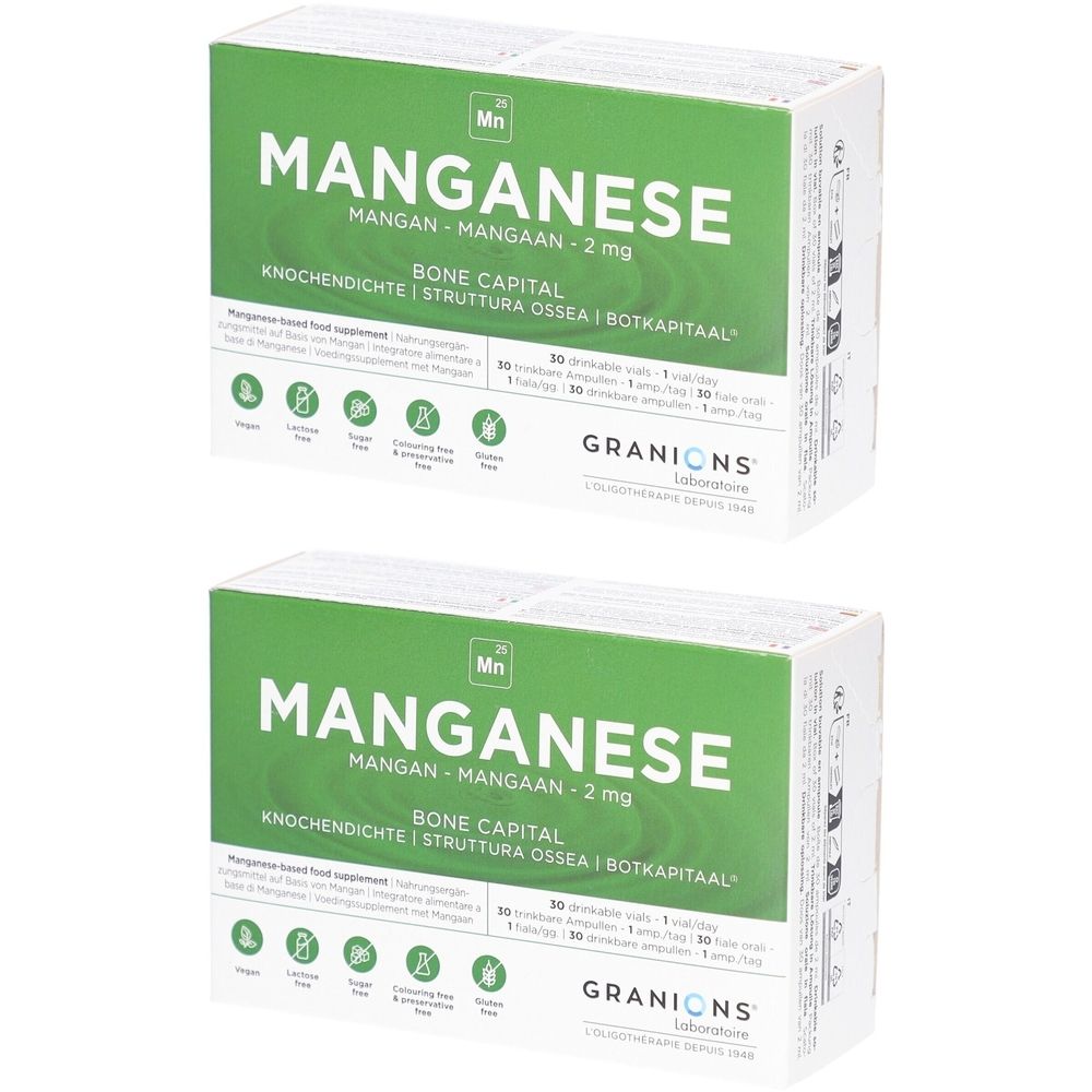 Deux boîtes de GRANIONS Manganèse. Inscription: MANGANESE, 2 mg, Bone Capital. Emballage vert et blanc.