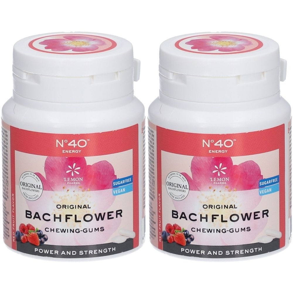 Zwei weiße Flaschen mit rotem Etikett. Aufschrift: N°40, Bach Flower, Original, Chewing-Gums. Mit floralem Design und Fruchtbild.
