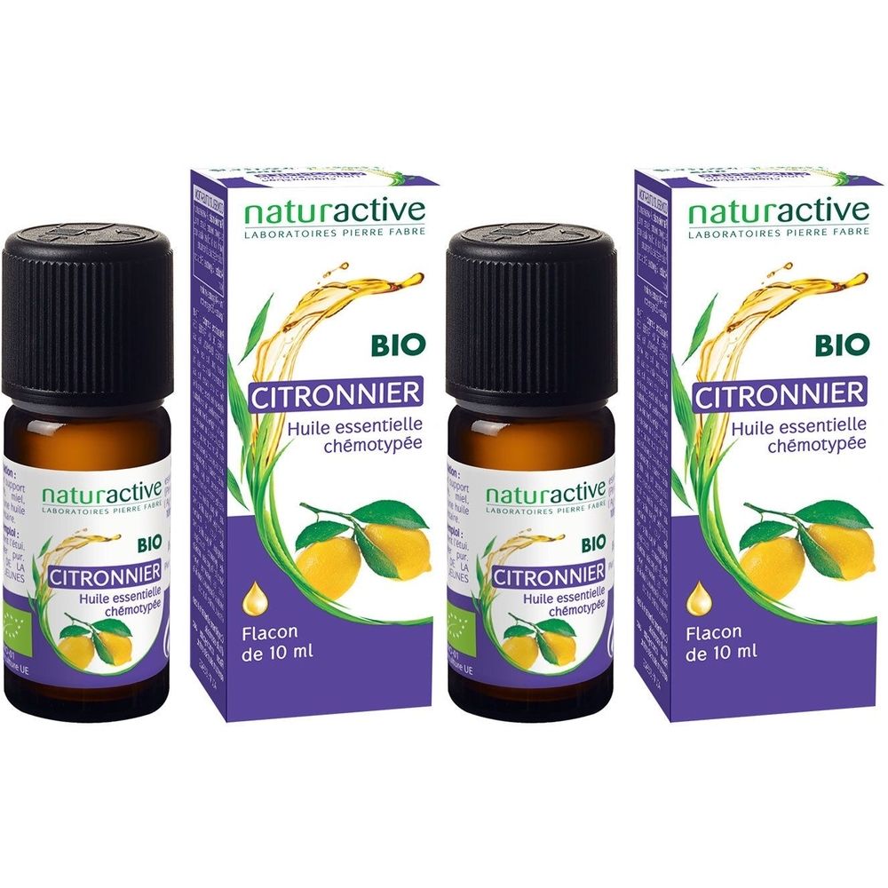 Trois flacons et emballages. Inscription: naturactive BIO Citronnier, huile essentielle. Flacon de 10 ml.