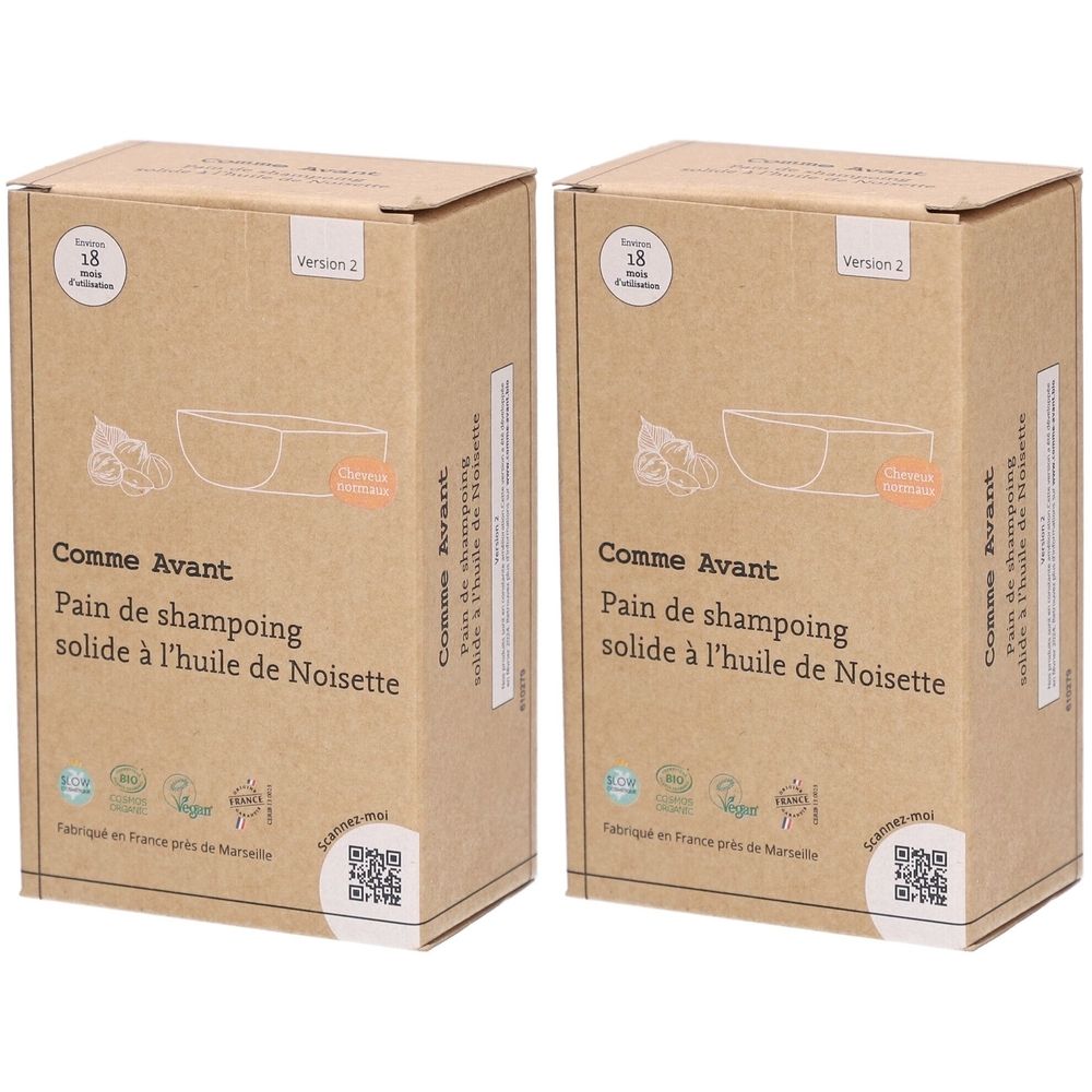 Zwei rechteckige Kartons. Aufschrift: Comme Avant, festes Shampoo mit Haselnussöl. Version 2. Mit Logos und QR-Code.