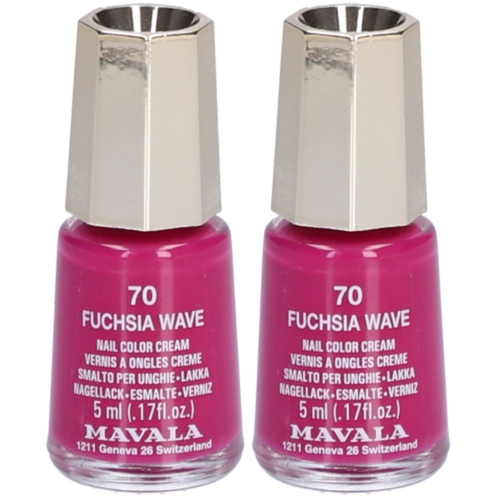 Zwei Flakons Nagellack, pinkfarben. Aufschrift: 70 Fuchsia Wave, Nail Color Cream, 5 ml, Marke Mavala. Silberfarbener Deckel.