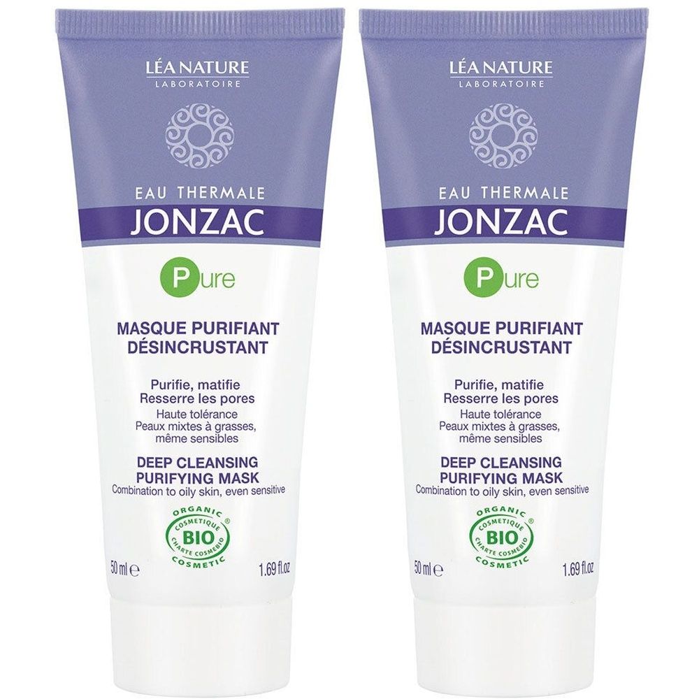 Deux tubes de masque facial. Blanc, avec des accents violets et verts. Texte: Jonzac, Pure, Deep Cleansing Purifying Mask. Certification Bio.