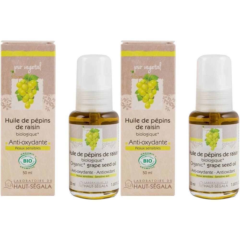 Drei Flaschen Traubenkernöl mit Kartonverpackung. Aufschrift: Huile de pépins de raisin biologique, Anti-oxydante, BIO-Zertifizierung.