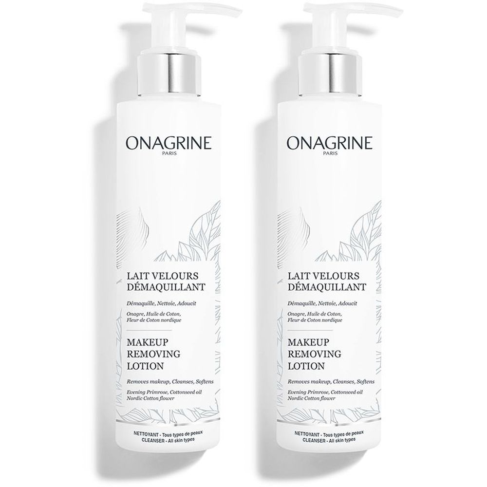 Zwei weiße Flaschen mit silbernen Pumpaufsätzen. Aufschrift: ONAGRINE PARIS, LAIT VELOURS DÉMAQUILLANT, MAKEUP REMOVING LOTION.