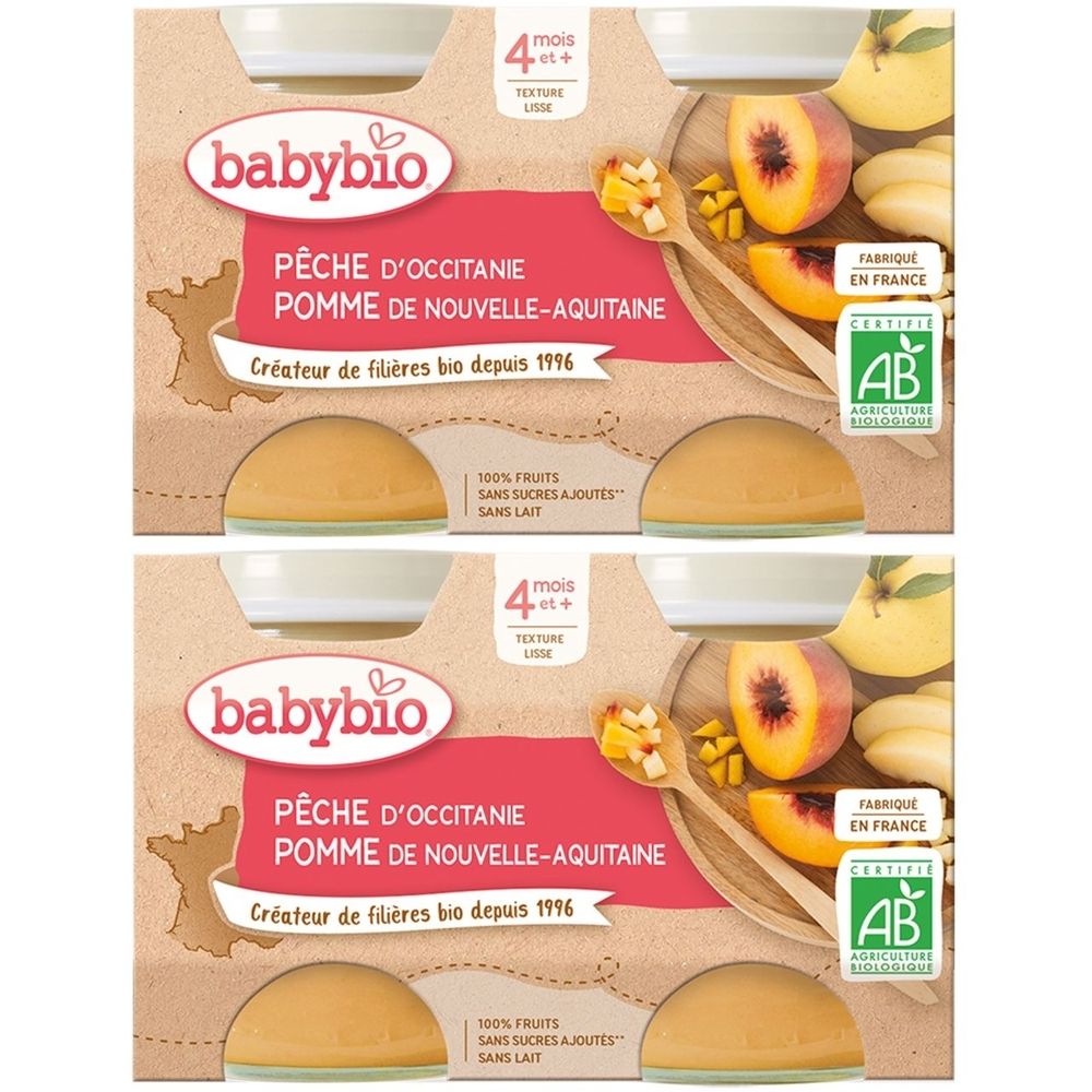Verpackung mit Babybio-Nahrung. Aufschrift: Pêche d'Occitanie Pomme de Nouvelle-Aquitaine. Bio-Zertifizierung. Hergestellt in Frankreich.