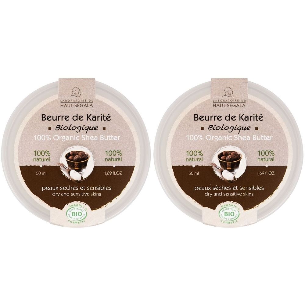 Zwei runde Behälter mit Aufschrift "Beurre de Karité Biologique". Enthält 100% Bio-Sheabutter. Für trockene und empfindliche Haut.