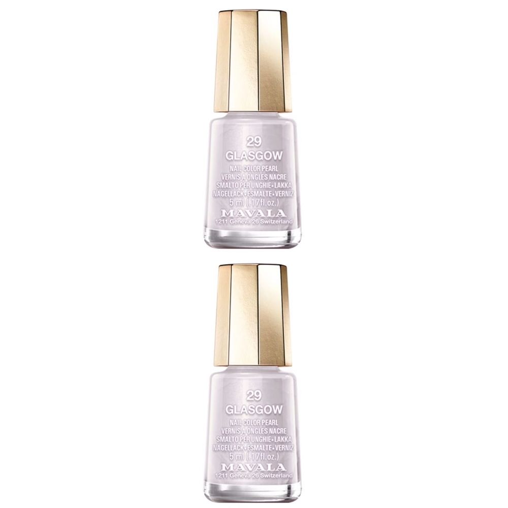 Zwei Flakons Nagellack, Glasgow, mit goldfarbenen Kappen. Marke Mavala. Farbton 29. Perlmutt-Effekt.