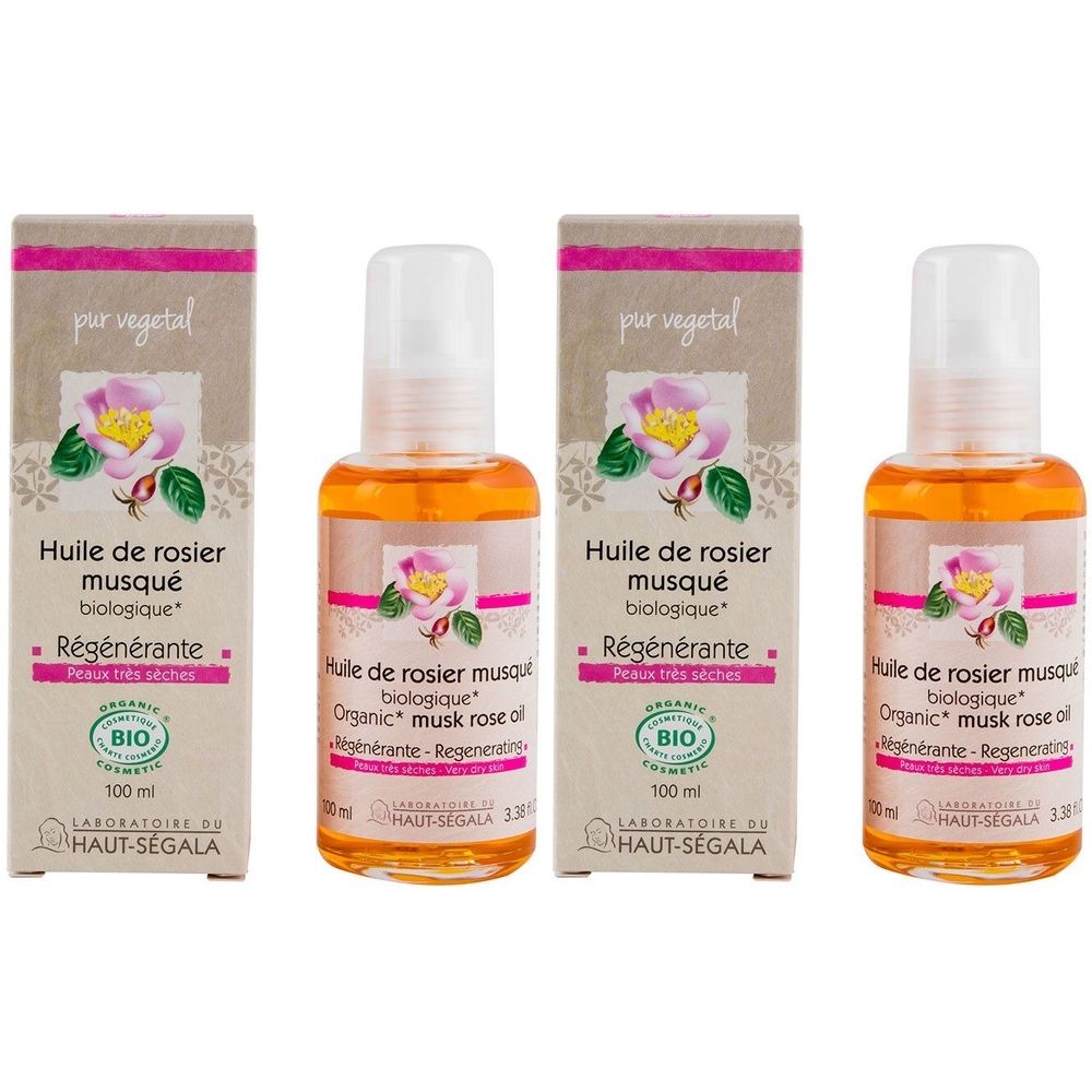 Drei Flaschen und Verpackungen. Aufschrift: Huile de rosier musqué biologique, Régénérante. BIO-Zertifizierung. Laboratoire du Haut-Ségala.