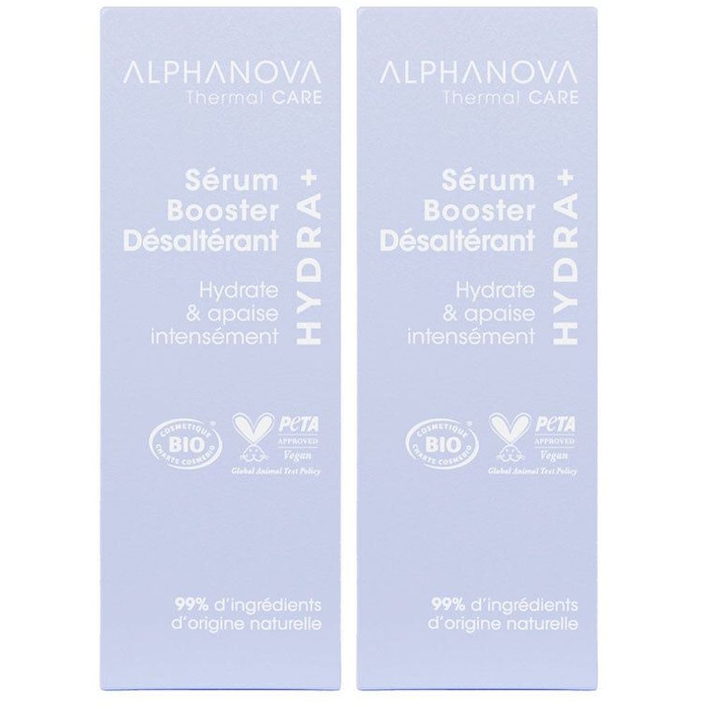 Deux emballages rectangulaires. Inscription: Alphanova, Sérum Booster Désaltérant, Hydra+. Certification Bio, logo PETA, 99% ingrédients naturels.