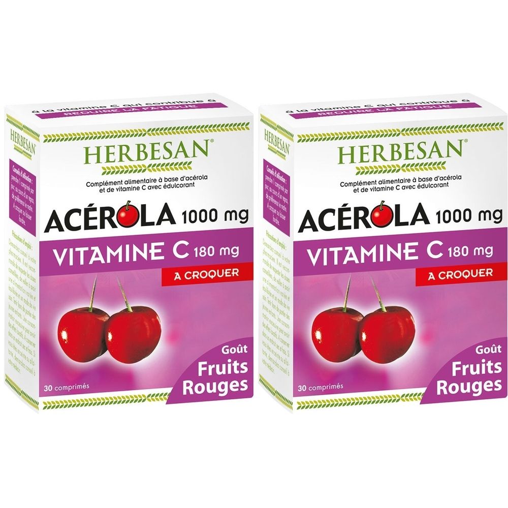 Zwei Schachteln HERBESAN Acérola. Aufschrift: Acérola 1000 mg, Vitamin C 180 mg, A Croquer, Goût Fruits Rouges. Abbildung von Kirschen.