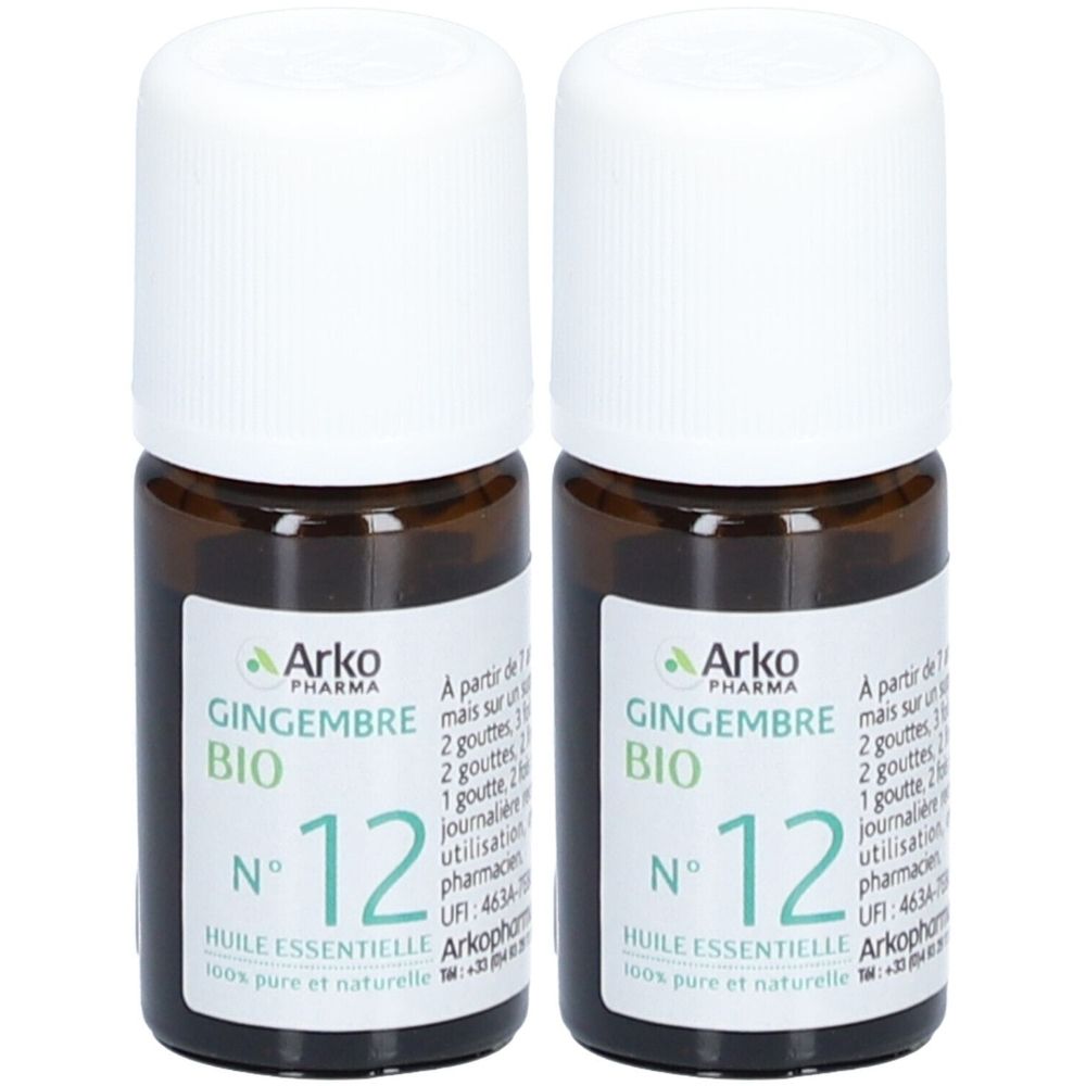 Zwei kleine braune Glasflaschen mit weißen Deckeln. Auf den Etiketten steht "Arko Pharma Gingembre Bio N°12 Huile Essentielle".