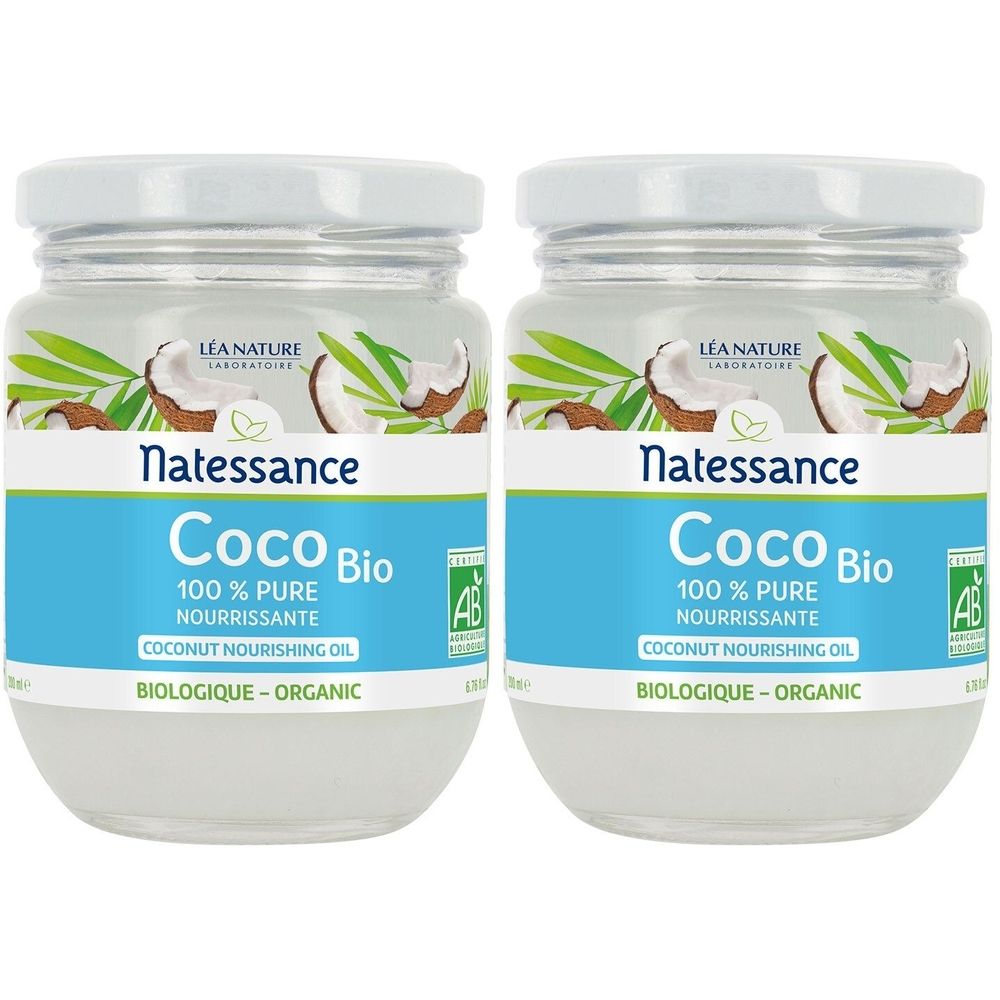 Zwei Gläser Kokosnussöl mit weißem Deckel. Aufschrift: Natessance Coco Bio, 100% Pure, Nourrissante, Biologique-Organic. AB-Siegel.