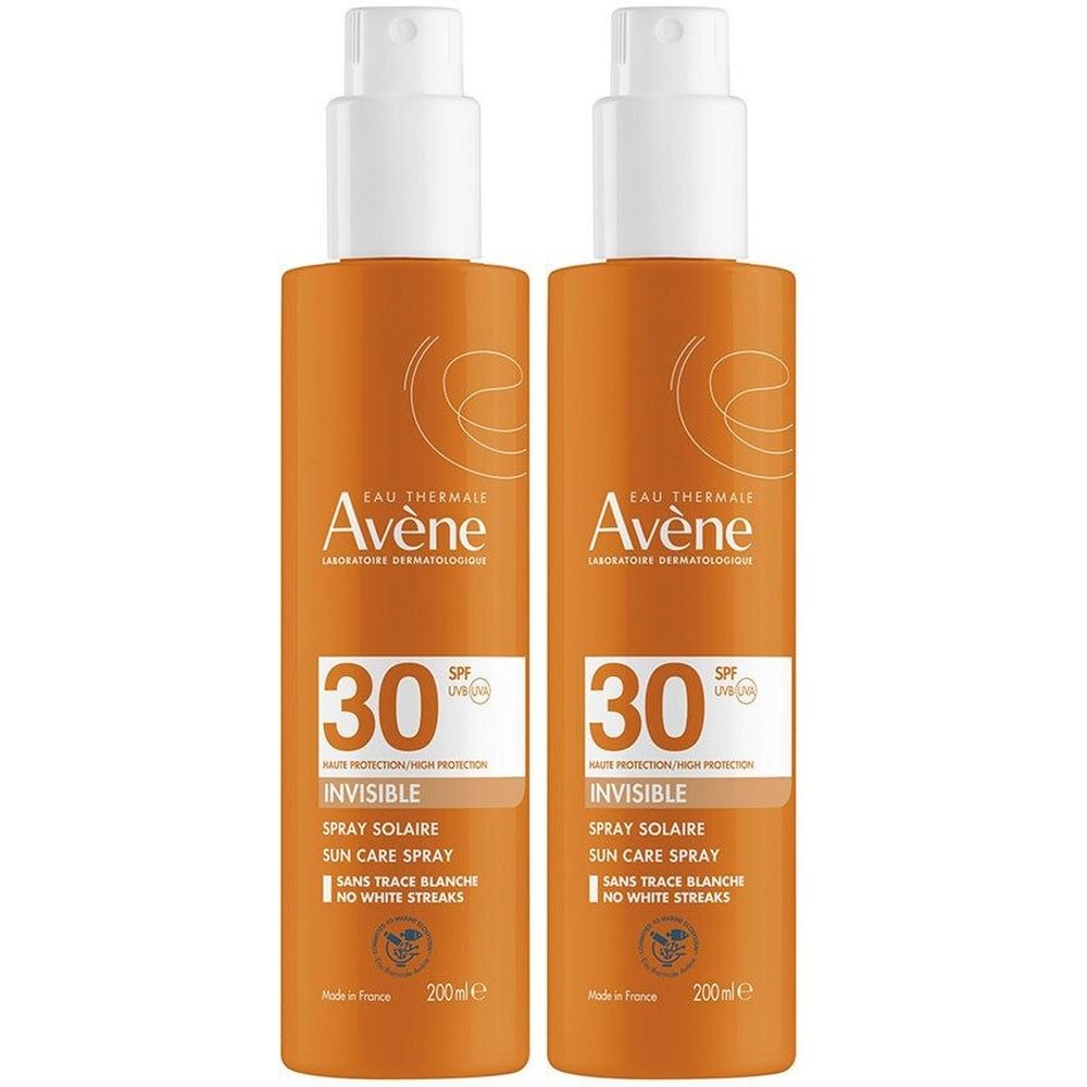 Deux flacons pulvérisateurs orange de protection solaire invisible SPF 30.