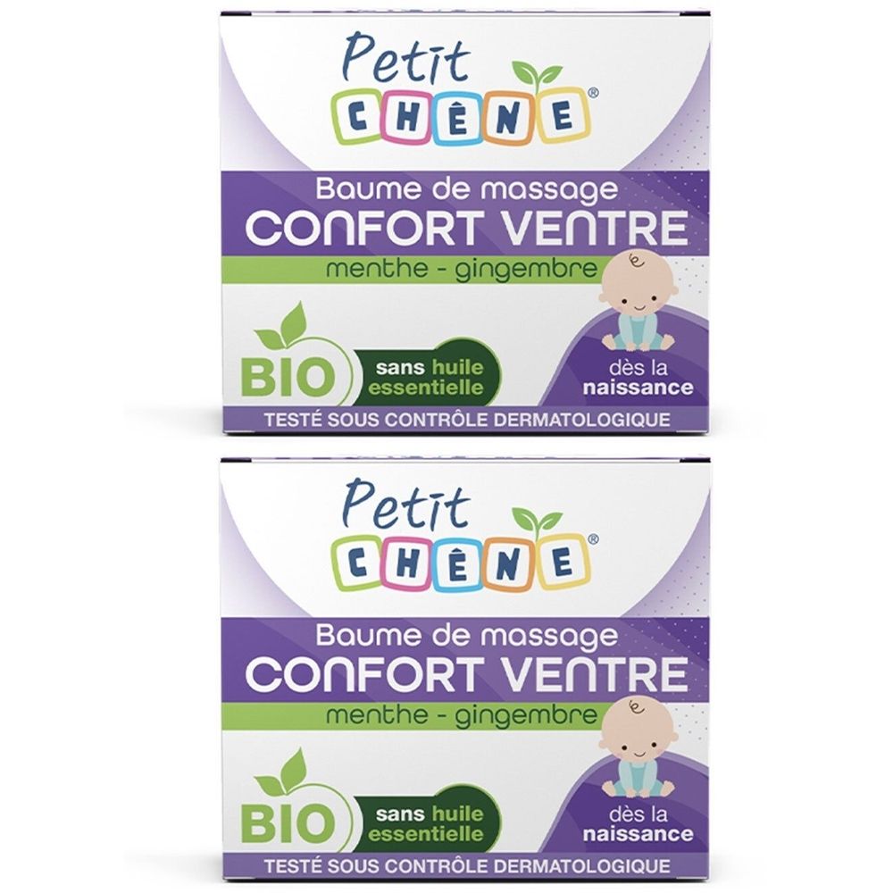 Deux boîtes rectangulaires. Inscription: Petit Chêne, Baume de massage Confort Ventre, BIO, sans huile essentielle, dès la naissance.