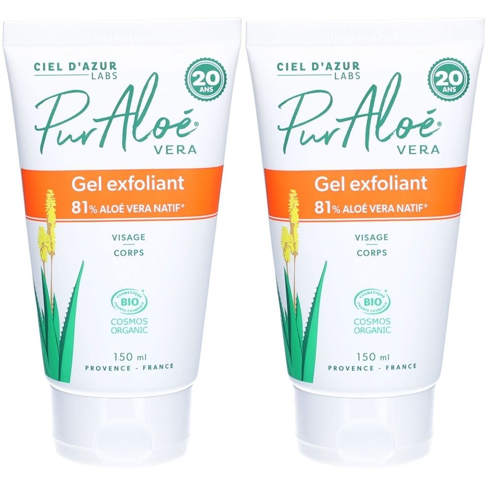 Zwei Tuben Pur Aloé Vera Gel exfoliant. Weiß, mit grüner und orangefarbener Schrift. Bio-Zertifizierung. 150 ml.