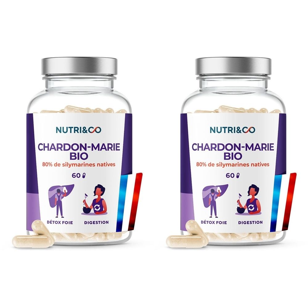 Deux flacons en verre de gélules. Étiquette NUTRI&CO CHARDON-MARIE BIO. Drapeau français. 60 gélules.
