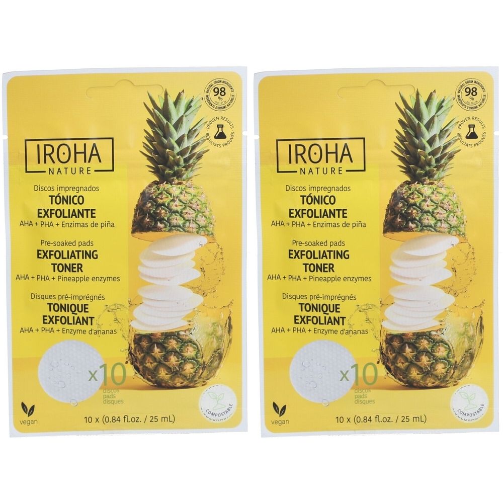 Zwei gelbe Verpackungen mit Iroha Nature-Logo. Aufdruck: Exfoliating Toner. Abbildung einer Ananas mit Pads. Vegan-Siegel.