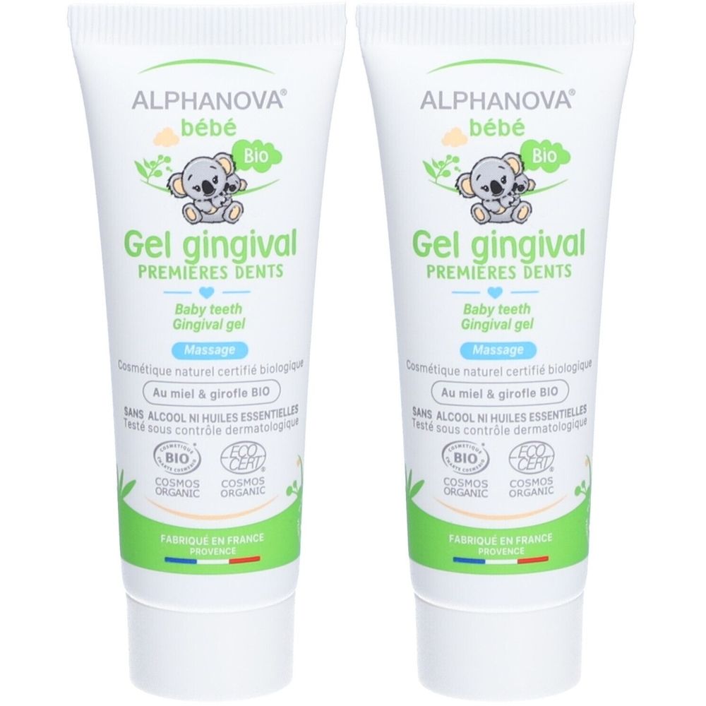 Zwei Tuben Gel. Aufschrift: ALPHANOVA bébé, Gel gingival, Bio. Mit Koala-Illustration. Zertifizierungen: COSMOS ORGANIC, BIO. Hergestellt in Frankreich.