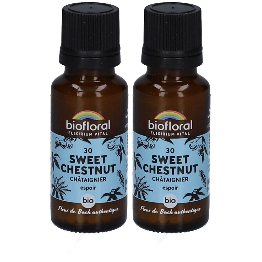 Deux flacons en verre brun avec bouchon noir. Étiquettes avec texte: BIOFLORAL, 30 SWEET CHESTNUT, Châtaignier, bio. Logo arc-en-ciel.