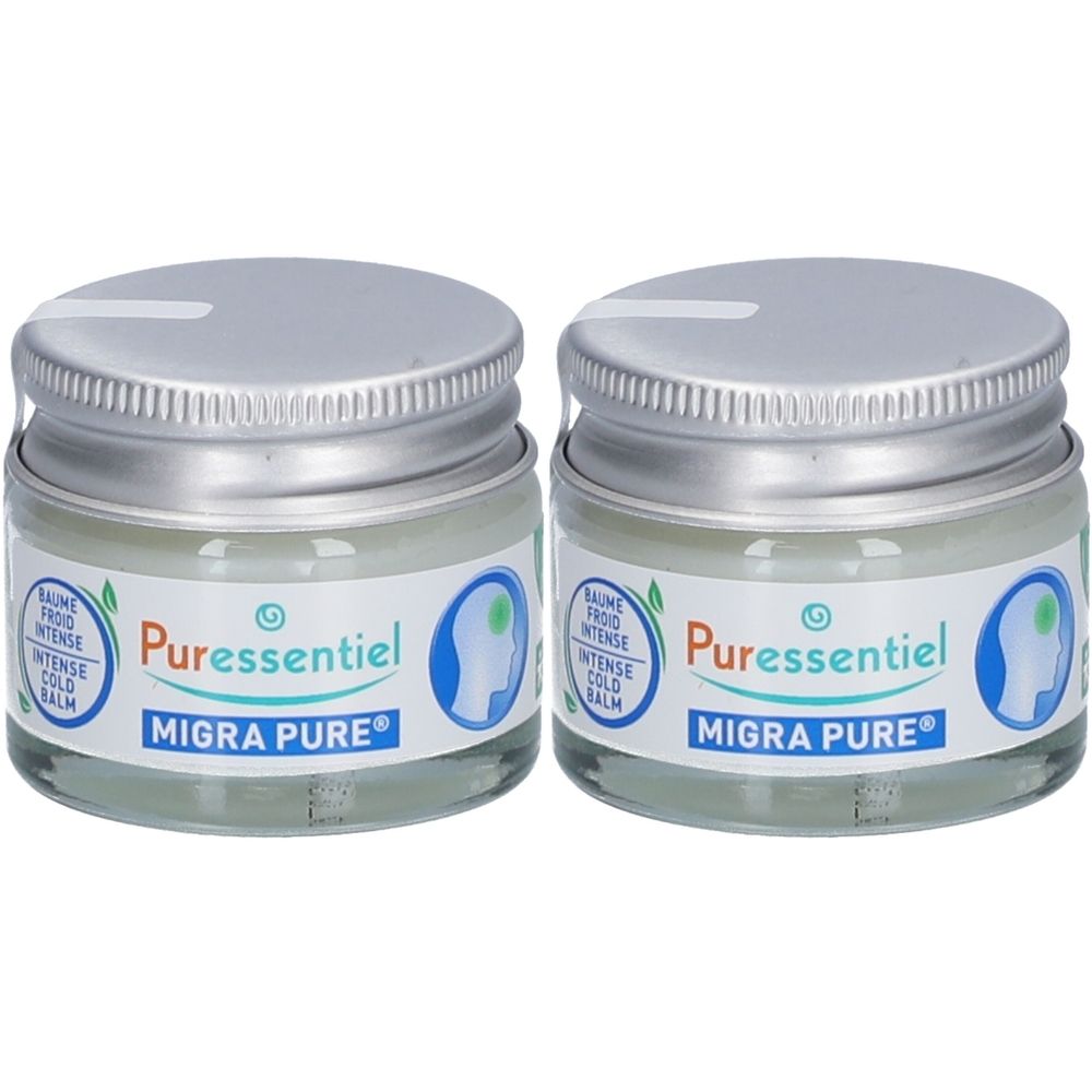 Deux pots avec couvercles argentés. Les étiquettes indiquent "Puressentiel Migra Pure".