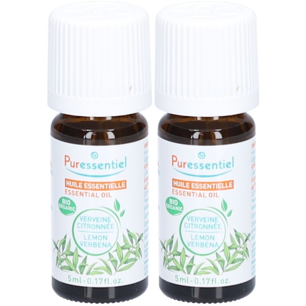 Deux flacons d'huile essentielle Puressentiel. Flacons en verre brun avec bouchons blancs. Inscription : Verveine Citronnée, Lemon Verbena.