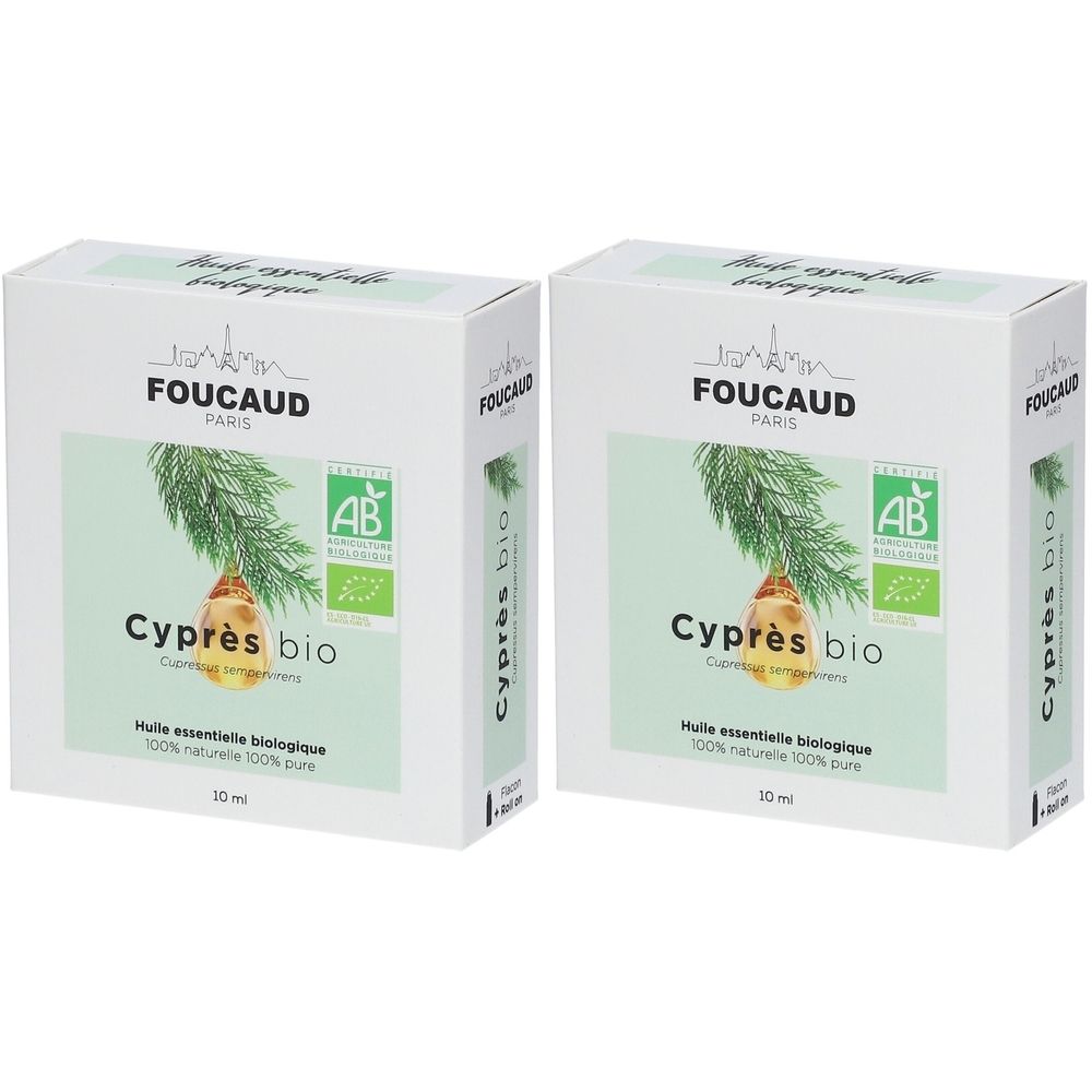 Zwei weiße Kartons mit Aufdruck. Aufschrift: FOUCAUD PARIS, Cyprès bio, AB-Siegel. Text: Huile essentielle biologique, 100% naturelle 100% pure.