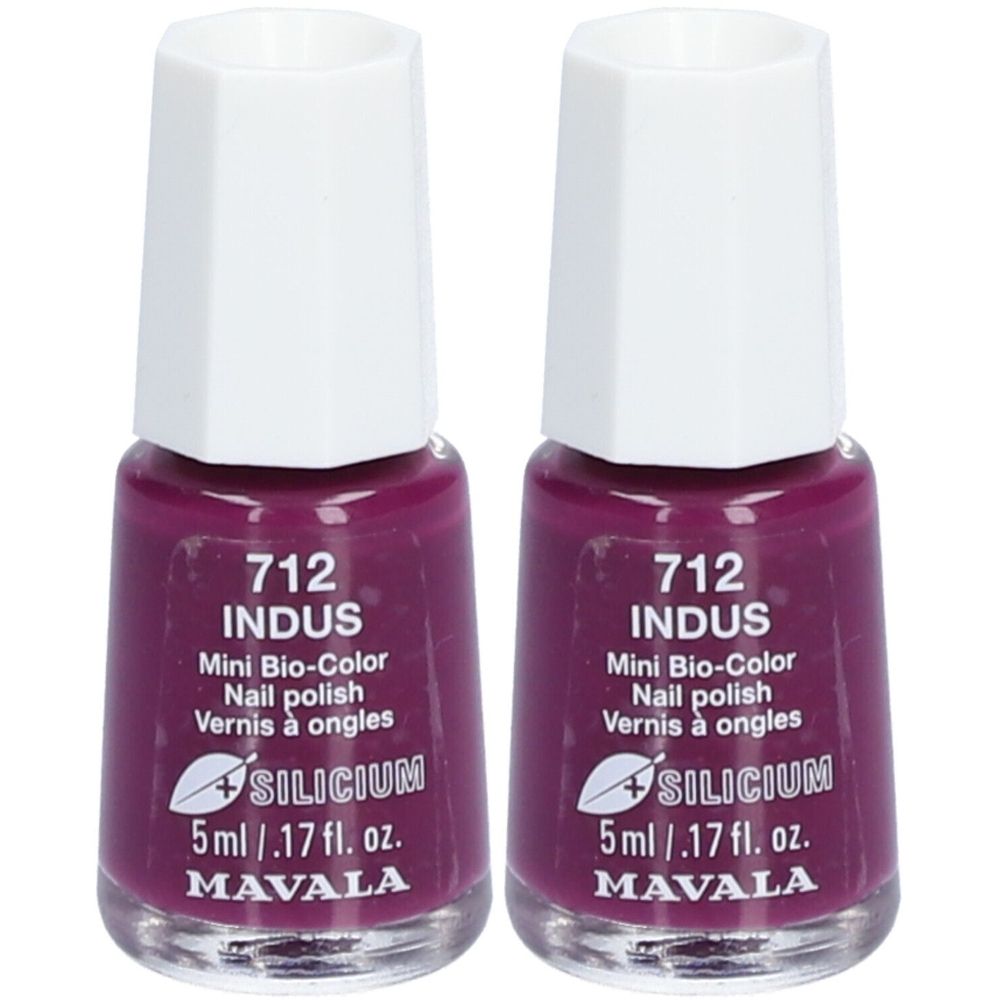 Zwei Flaschen Nagellack, Farbe 712 Indus, Mini Bio-Color. Mit weißem Deckel. Enthält 5 ml. Marke: Mavala.